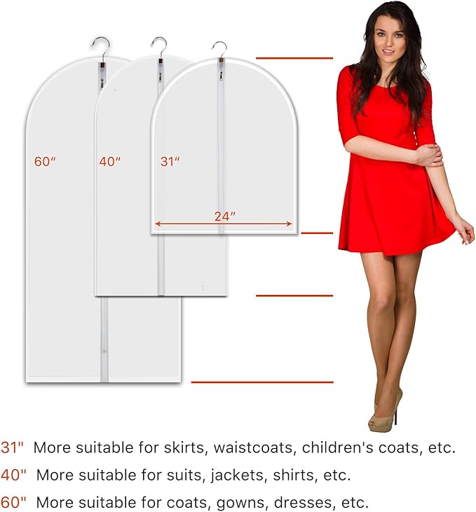 Hanging Garment Bags 7 Piece Set - 60 Inch Translucent Dust Proof Clothes Bag White Breathable Full Zipper Dust Cover for Suit Dance Costumes Gown Dress | 4 Portable Travel Shoe Bags