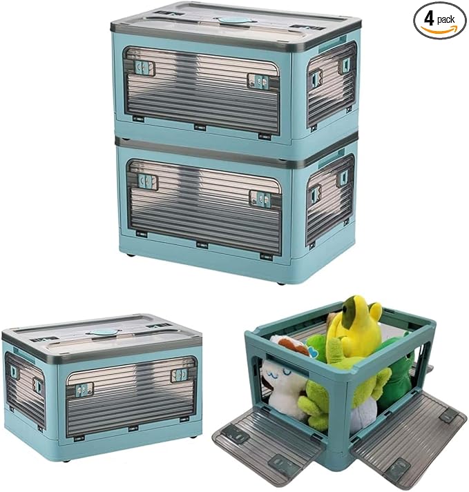 24Quart (4Pack) 15.95x11.42x9.45 Transparent Collapsible Storage Bin Blue, Wheeled Foldable Organizer for Home Clothes Toys Snacks