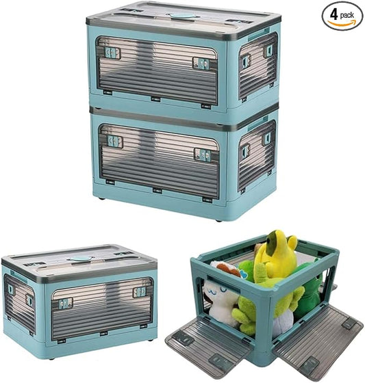 24Quart (4Pack) 15.95x11.42x9.45 Transparent Collapsible Storage Bin Blue, Wheeled Foldable Organizer for Home Clothes Toys Snacks