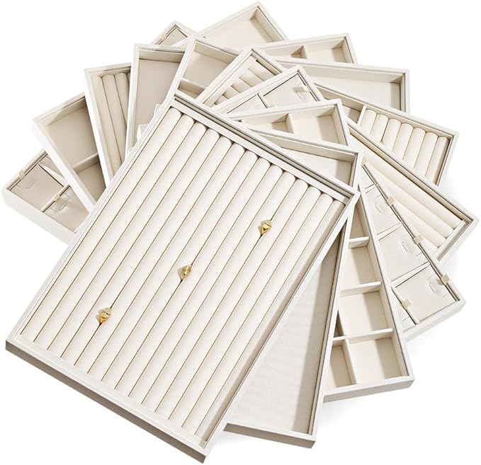 Linen Stackable Bracelet Necklace Storage Tray, Pendant Long Chain Jewelry Display Tray, Jeweler Shop Counter Showcase Table Top Organizers, Makeup Table Drawer Insert Jewelry Tray
