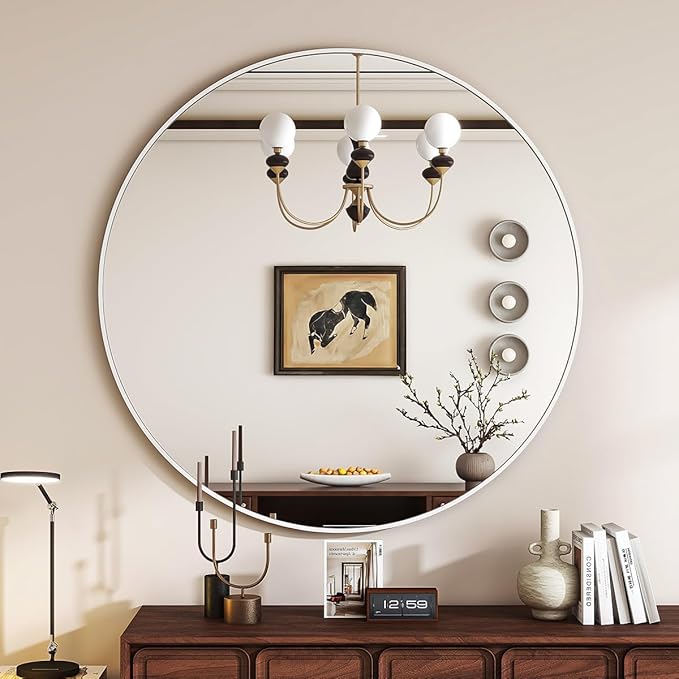 White Round Mirror, 30 Inch Circle Bathroom Mirror with Metal Frame, Wall-Mounted for Entryway, Bathroom, Vanity, Living Room