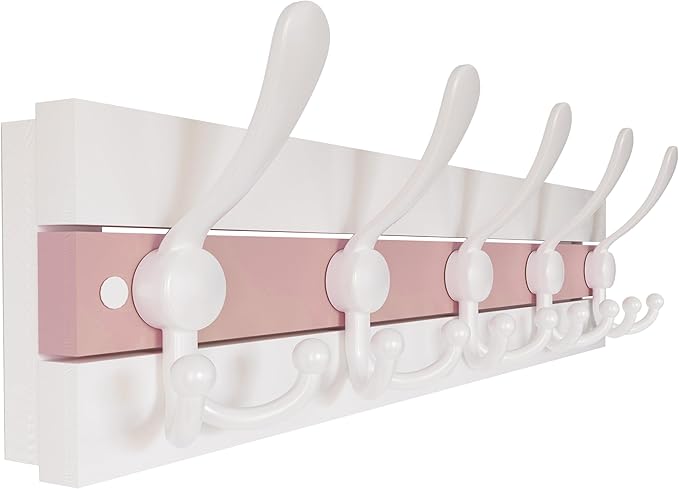 SKOLOO Coastal Wall Mounted Coat Rack - 16-7/8" Beach House Entryway Wooden Coat Hook with 5 Hooks for Hanging Coats, Hats or Towels, Oceanfront Cottage Core Collection, White & Palm Beach Pink