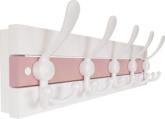 SKOLOO Coastal Wall Mounted Coat Rack - 16-7/8" Beach House Entryway Wooden Coat Hook with 5 Hooks for Hanging Coats, Hats or Towels, Oceanfront Cottage Core Collection, White & Palm Beach Pink