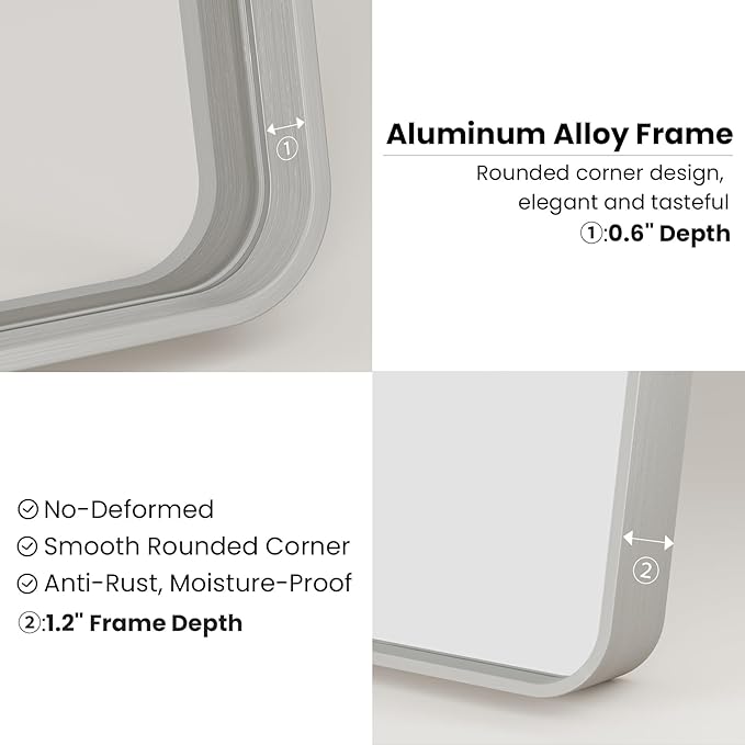 Brushed Nickel Bathroom Mirror 24x32 Inch, Brushed Silver Metal Frame Mirror Wall Mounted, Rounded Rectangle Bathroom Vanity Mirror, Tempered Glass, Anti-Rust, Horizontal/Vertical