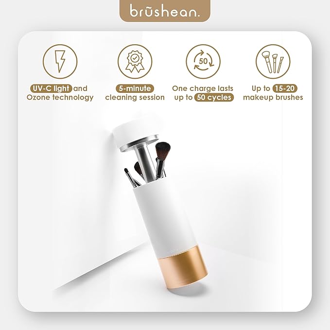 UVC Sanitizer with Ozone, Makeup Brush Holder, One Touch for Open, Dustproof Make Up Supplies Organized Storage, Stylish and Durable Design (Standard, White/Rose Gold)