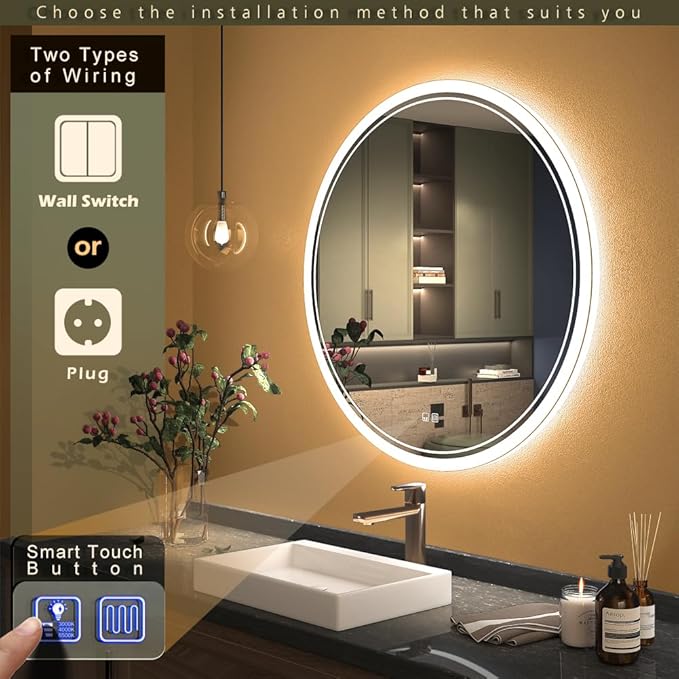 KWW Round Mirror Bathroom LED Lighted Mirror, Illuminated Dimmable Anti-Fog Wall-Mounted Makeup Vanity Mirror with Lights (23.5" L x 23.5" W)