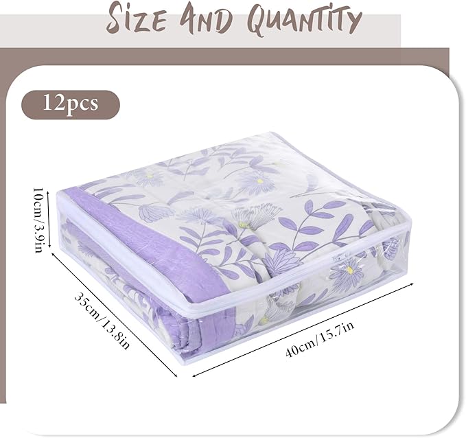 12 Pcs Clear Clothing Organizer Plastic Sweater Storage Bags Zippered Storage Bags with Label Pocket Container for Blankets Linen Sweater Clothes Bed Sheet Pillow (15.7 x 13.8 x 3.9 Inch)