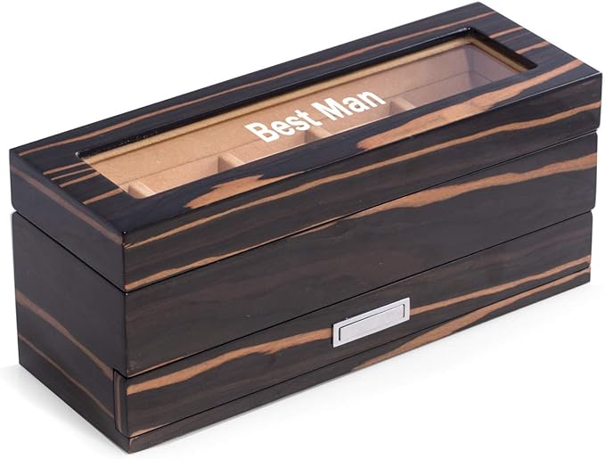 Bey-Berk Personalized Ebony Wood 5-Slot Watch Box, Lacquered Glass-Top Watch Display Case with Velour-Lined Cushions and 5-Compartment Accessory Drawer, 12" x 4.25" x 5.15"