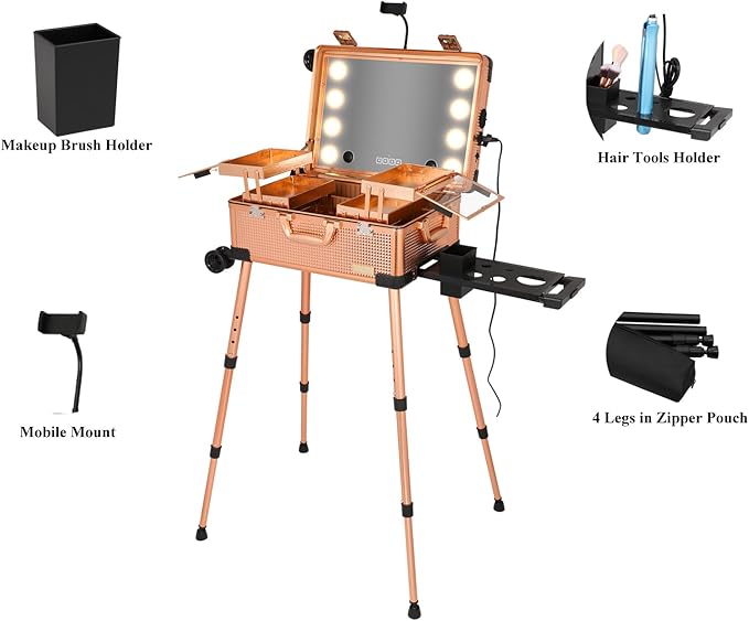 20" Aluminum Ligthed Makeup Train Case with LED Lights Professional Cosmetic Organizer Studio with Speaker, Wheels and Stands Rolling Trolley Makeup Vanity Station for Travel (Rose Gold)