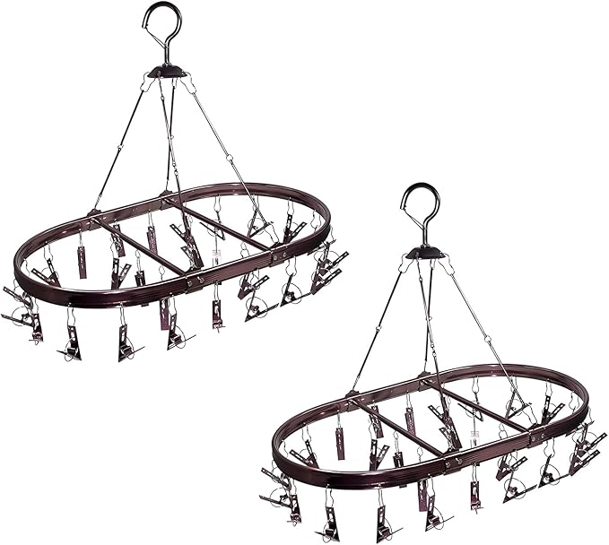 Underwear Drying Rack with 26 Clips - Aluminum Hanging Drying Rack for Socks, Baby Clothes & Lingerie | Space-Saving Oval Design & Wind-Resistant Hooks (Dark Red) - 2 Pack