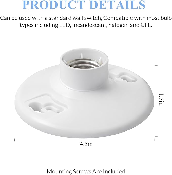 6 Pcs Medium Base E26 Lamp Holder Ceiling Light Sockets White Bulb Socket Incandescent Fluorescent CFL Lamp Holder 660w 250v (Phenolic Resin)
