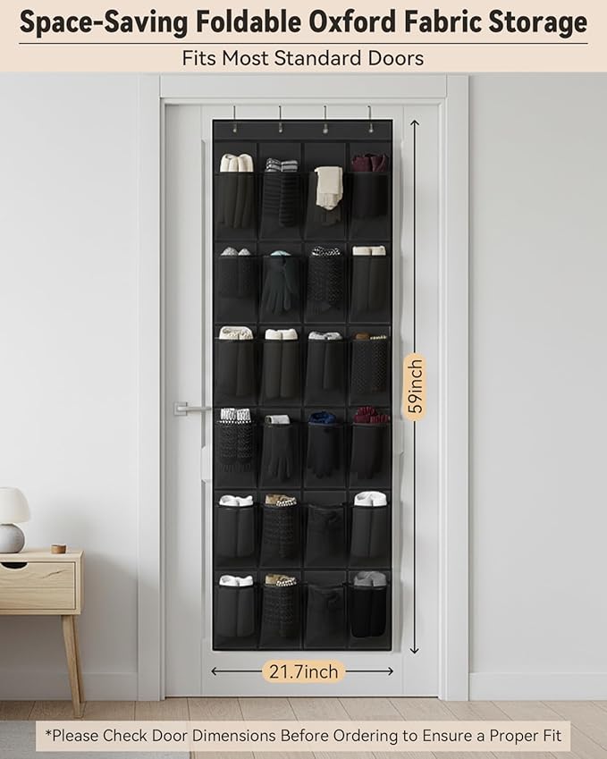 dodowin Over the Door Shoe Organizers, 2 Pack, Each with 24 Deep Mesh Pockets & 4 Metal Hooks, Over The Door Shoe Rack Space Saving Hanging Storage Holder for Closets, Shoes & Accessories, Black
