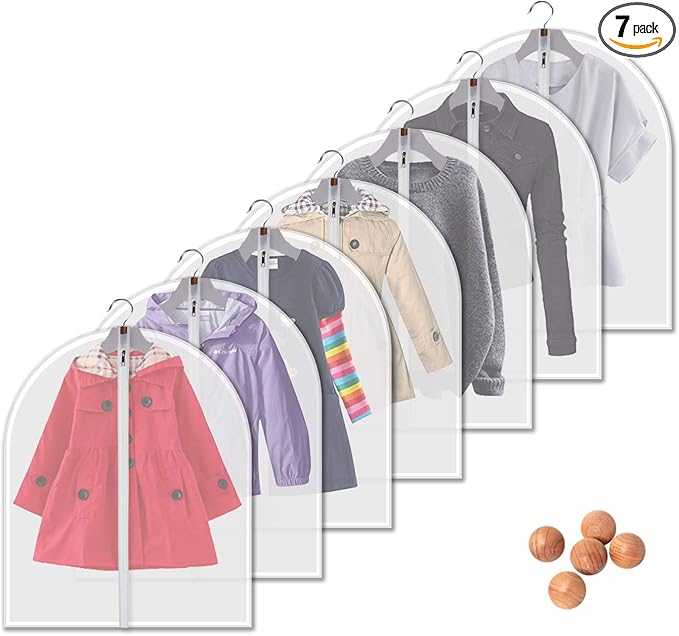 Dust Proof Garment Bags 7 Piece Set - 31 Inch Translucent Garment Covers with Full-Length Zipper for Closet Clothes Storage and Travel. Bonus: 5 Natural Cedar Ball.