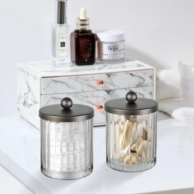Amolliar Apothecary Jars Bathroom Vanity Storage Organizer Set, Countertop Canister with Stainless Steel Lid & Cute Stickers, Qtip Holder Dispenser for Cotton Swabs, Balls, Makeup Pads(Bronze, 4 Pack)