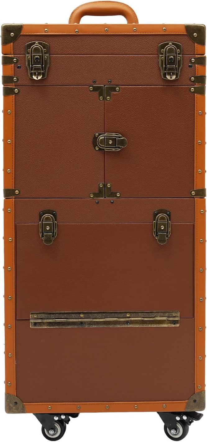 Rolling Makeup Case Large Storage Cosmetic Trolley, Rolling Lockable Makeup Train Case, Stylist Beauty Salon Cosmetic Luggage Travel Organizer Tool Box with Hair Dryer Holder (Coffee)