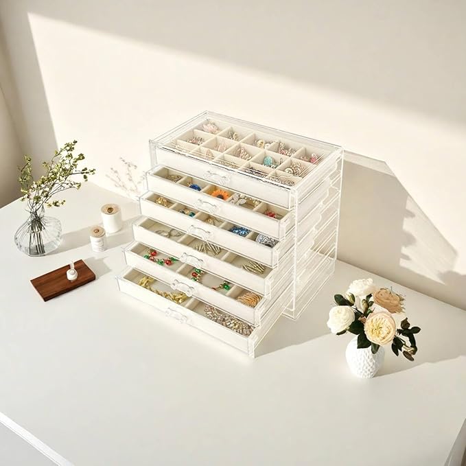 Acrylic Jewelry Box with 6 Drawers, Clear Earring Storage Organizer Display Case for Women Girls, Beige