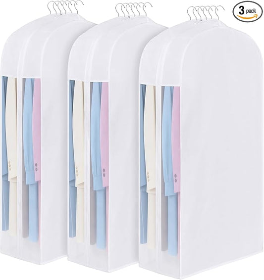 Kntiwiwo 50" Premium Cotton Garment Bag for Hanging Clothes, Breathable Suit Bags for Closet Storage with Extre Large 10" Gusseted & Clear Window, Dust Cover with Zipper for Suits, Coats, 3 Pack