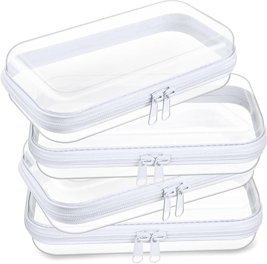 Hoolerry 4 Pcs Hard Clear Zipper Case Makeup Bags Plastic Pencil Pouch Transparent Storage Box Containers for Cosmetics, Snacks, Building Blocks, Puzzles(White,7.5 x 3.9 x 2 in)