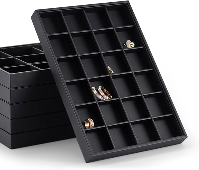24 Grid Black Leather Jewelry Trays Earring Organizer Tray Jewelry Display Trays Jewelry Drawer Organizer for Ring Earrings Storage Display (Black)