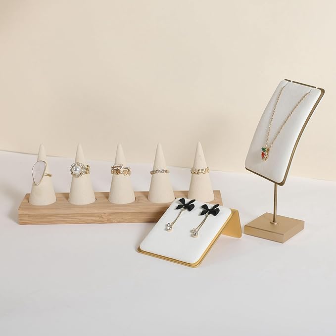 GemeShou Beige wood ring storage organizer, Velvet Jewelry ring display holder, Cute ring display stand for selling, wedding ring holder at nightstand【Beige with five cone】
