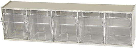 Akro-Mils TiltView Plastic Storage Cabinet with 5 Tilt Out Bins, Horizontal Plastic Parts Organizer, Teacher Toolbox, and Office Supply Organizer, 23-5/8" W x 6-1/2" H x 5-5/8" D, Stone