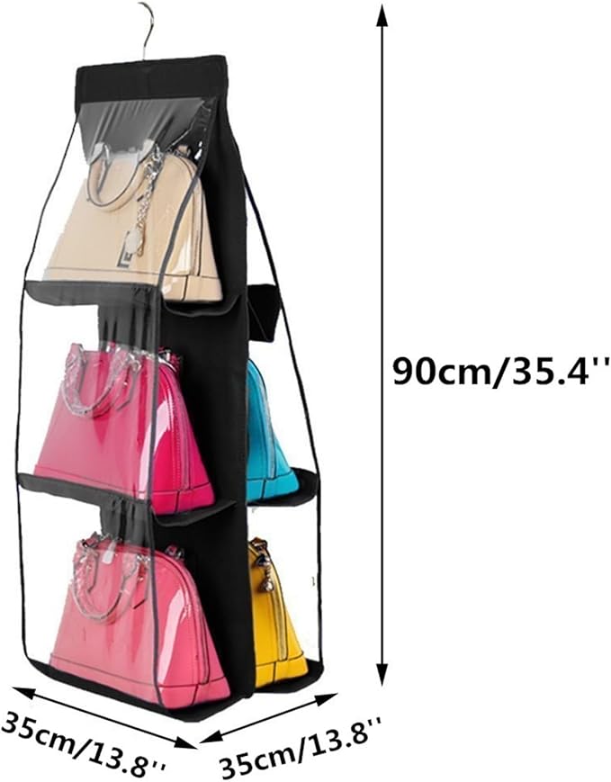 HAN SHENG 6 Pockets Clear Handbag & Purse Organizer Hanging Bag Storage - Space Saving Hanging Shelf for Closet, Wardrobe, Over Door (1 Pack, Black)