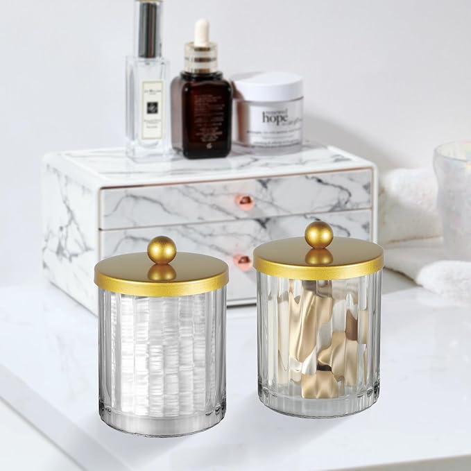 Amolliar Qtip Holder Dispenser for Bathroom, Clear Glass Canister Apothecary Jar for Cotton Swabs, Cotton Balls, Makeup Pads, Floss Picks, Container for Countertop Vanity Storage Organizer,Gold 4 Pack