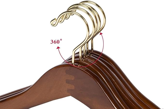 10 Quality Hangers Curved Wooden Hangers Beautiful Sturdy Suit Coat Hangers with Locking Bar Gold Hooks Walnut Finish (10)