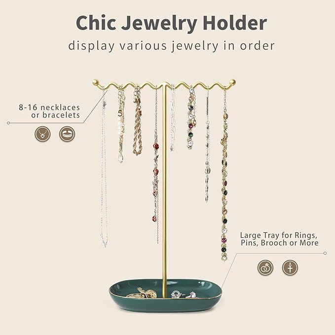 Elegant Jewelry Holder Tree Stand with Ceramic Tray - Metal Necklace Holder Organizer for Rings Bracelets Earrings - Tangle Free, Rustproof Decorative Display for Vanity Dresser Emerald Green
