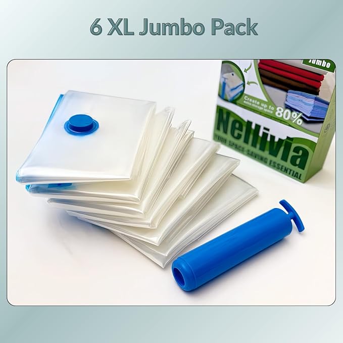 6 XL Jumbo Vacuum Storage Bags with Pump, Extra Large Compression Space Saver for Comforter, Duvet, Blanket, Bedding Storage, Vacuum Seal Bags for Clothing, Luggage Closet Organizer