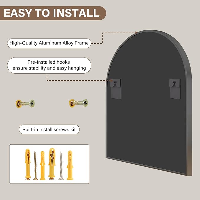 31"x32" Arched Wall Mirror for Bathroom, Black Vanity Mirror for Bedroom, Living Room, Entryway, Decorative Hanging Mirror for Wall