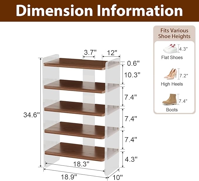 Free Standing Shoe Rack, Closet Shoe Storage Shelves for Entryway Small Space, Garage & Living Room, Wooden Shoe Stand, 5-Tier Modern Shoe Organizer, Solid Wood & Acrylic Frame with Top Shelf