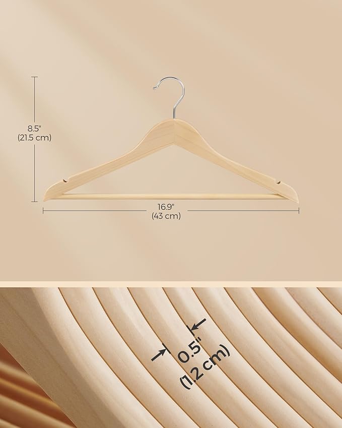 SONGMICS Wooden Hangers, Pack of 36, Coat Hangers, Non-Slip, Pants Bar, 360° Swivel Hooks, for Jackets, Shirts, Coats, Natural Wood UCRW010N36