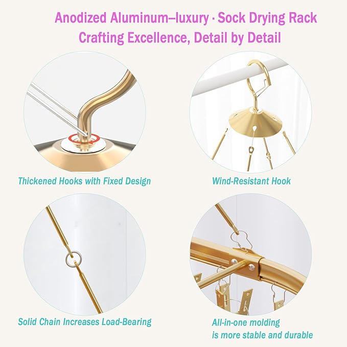 Sock Hanger for Drying with 26 Clips - Aluminum Hanging Drying Rack Set for Underwear, Baby Clothes & Delicates | Wind-Resistant Hooks & Oval Design (Silver) - 2 Pack