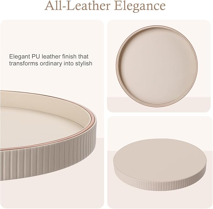 GORESE 12" Round Decorative Tray for Coffee Table, PU Leather Compact Serving Tray for Home Decor & Everyday Accents, Modern Nightstand Tray for Jewelry & Perfume, Beige