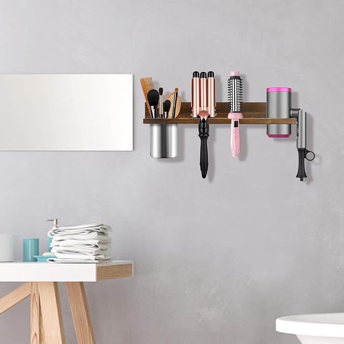 Hair Tool Organizer Wall Mounted - Wooden Dryer Holder, Blow Dryer Holder for Bathroom, Rustic Styling Tools Organizer for Flat Iron, Curling Wand, Hair Straighteners, Brushes, Brown