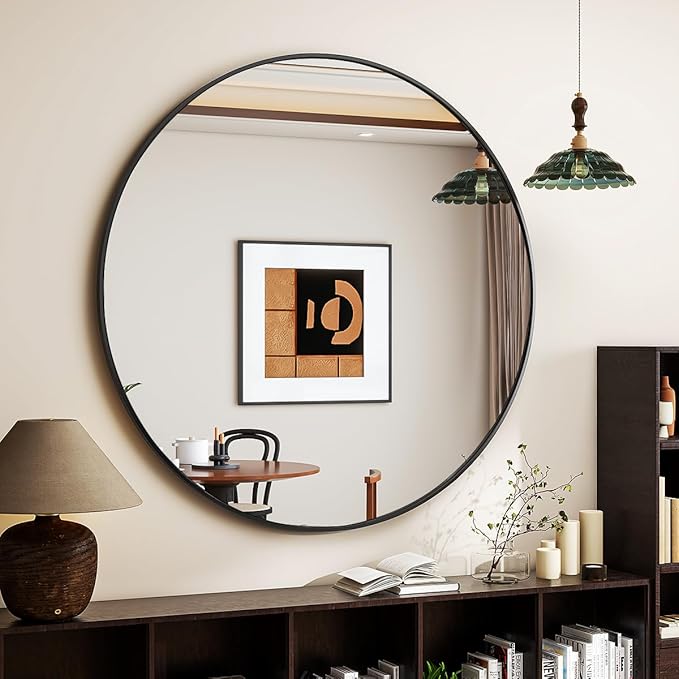 Black Round Mirror, 48 Inch Circle Bathroom Mirror with Metal Frame, Wall-Mounted for Entryway, Bathroom, Vanity, Living Room