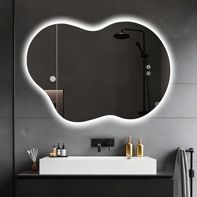 Asymmetrical Lighted Mirror for Bathroom,Modern LED Vanity Mirror with Backlit,Fog-Free,Tri-Color Dimmable Lighting with Memory Function,Hardwire Ready [Horizontal/Vertical] 40" H x 30" W
