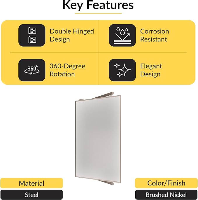 BRIXWELL PNV14BN 14" W x 22" H Pivot-N-Vue Double Hinged Mirror Rectangular Brushed Nickel