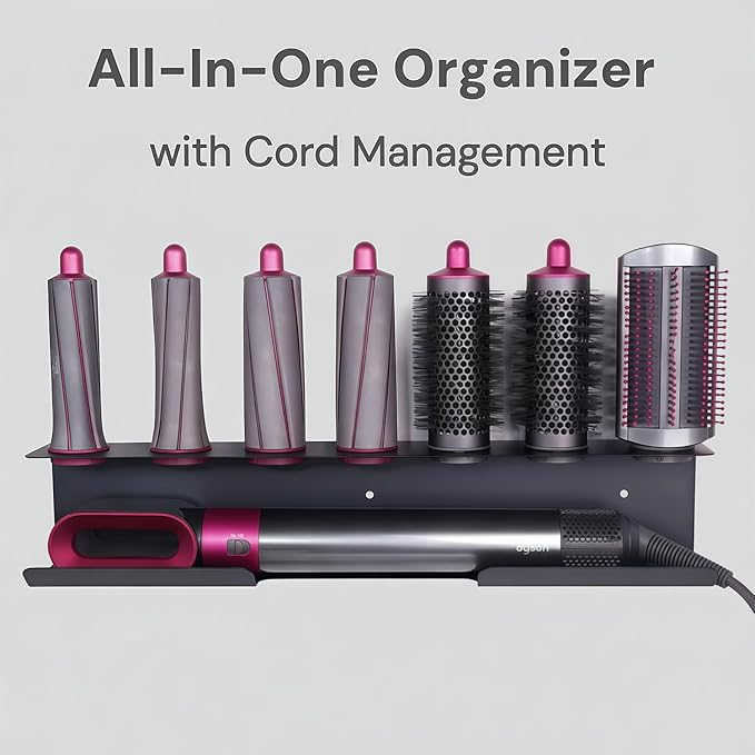 Dyson Airwrap Holder, Aluminum Dyson Airwrap Wall Mount with 7 Custom Slots&Cable Hook, Dyson Organizer Wall Mounted for Bathroom Salon Adhesive or Screw Black PTALSEAW