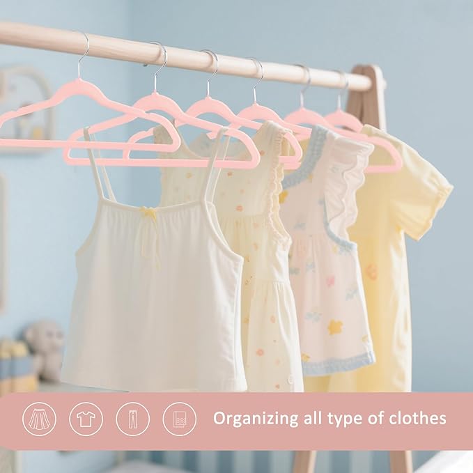 ManGotree 14 Inch Kids Velvet Hangers for Closet, Ultra-Thin Space Saving Children's Clothes Hangers, Non-Slip Felt Toddler Hanger for Youth's Clothes (32 Pack, Light Pink)