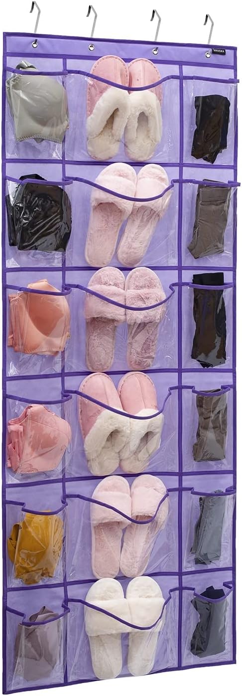 Over The Door Hanging Shoe Rack Organizer 18 Pockets Organizer with 6 Extra Large Clear Pockets for Shoe Holder Storage (18 Pockets-Purple)
