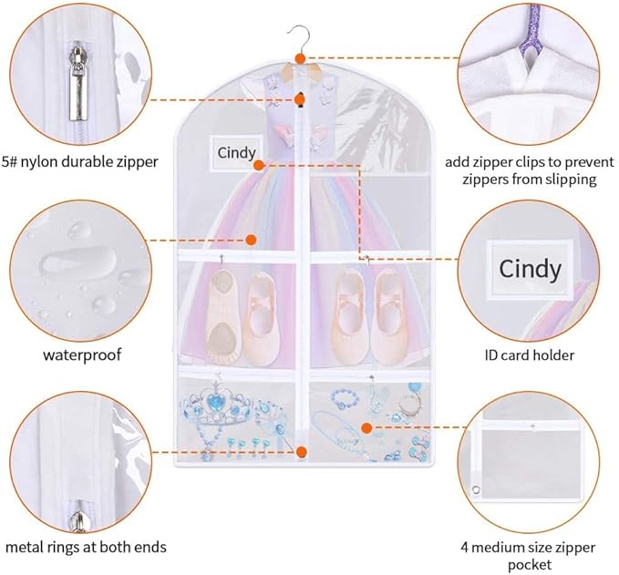 50 Inch Clear Garment Bags for Hanging Clothes (3 Pack), Extra Long Dance Costume Bags with 4 Zipper Pockets for Gowns, Lyrical Dresses & Pageant Competitions, Waterproof PVC Travel Carrier