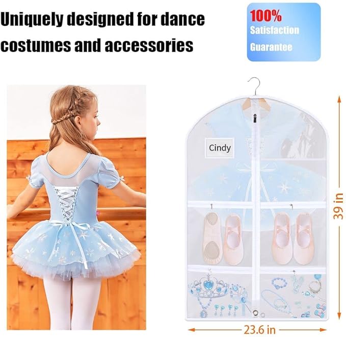 Clear PVC Dance Costume Bags(3 Pack),Garment Bag 40 Inch for Dance Competitions Cheerleading,Hanging Clothes Travel Dance Bags with 4 Pockets.Dance Essentials Cheer Bag for Girls Kids Recitals Dresses