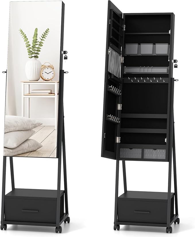 CHARMAID Rolling Jewelry Cabinet with Full Length Mirror, 62'' Floor Standing Jewelry Armoire with Wheels and Metal Frame, Lockable Jewelry Organizer with Large Storage Drawer (Black)