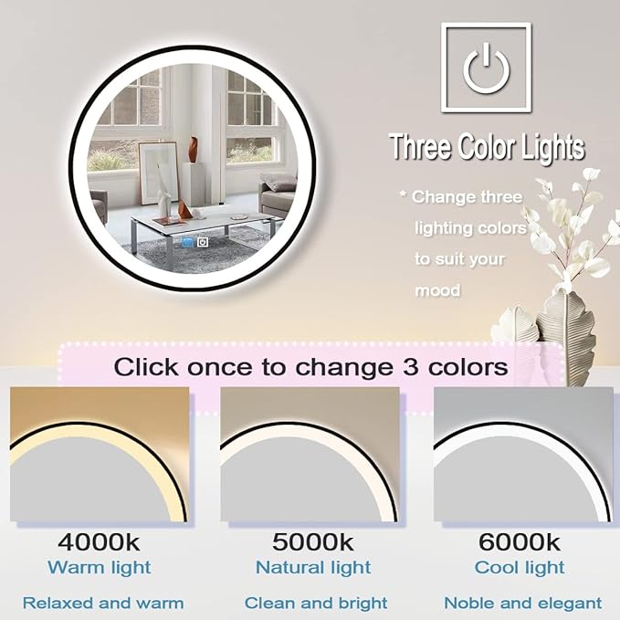 20 Inch Black Bathroom Round LED Mirror with Light, Black Frame, 3 Color AntiFog, 20" Round Lighted Mirror