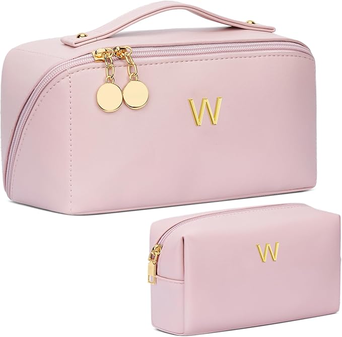 Valentine's Day Gifts for Women Teen Girl, Personalized Initial Makeup Organizer Bag Set, Open Flat Travel Cosmetic Bag With Clear Divider and Handle(Pink,W)
