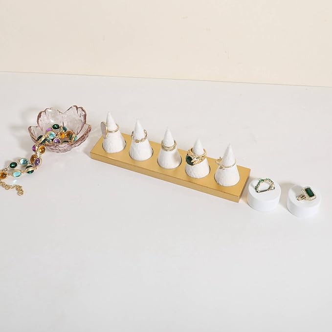 GemeShou Jewelry ring display holder for selling, velvet ring cone display stand, cute cone shaped ring holder with golden coated base,Large jewelry ring storage organizer【Ring holder-white 5 cone】