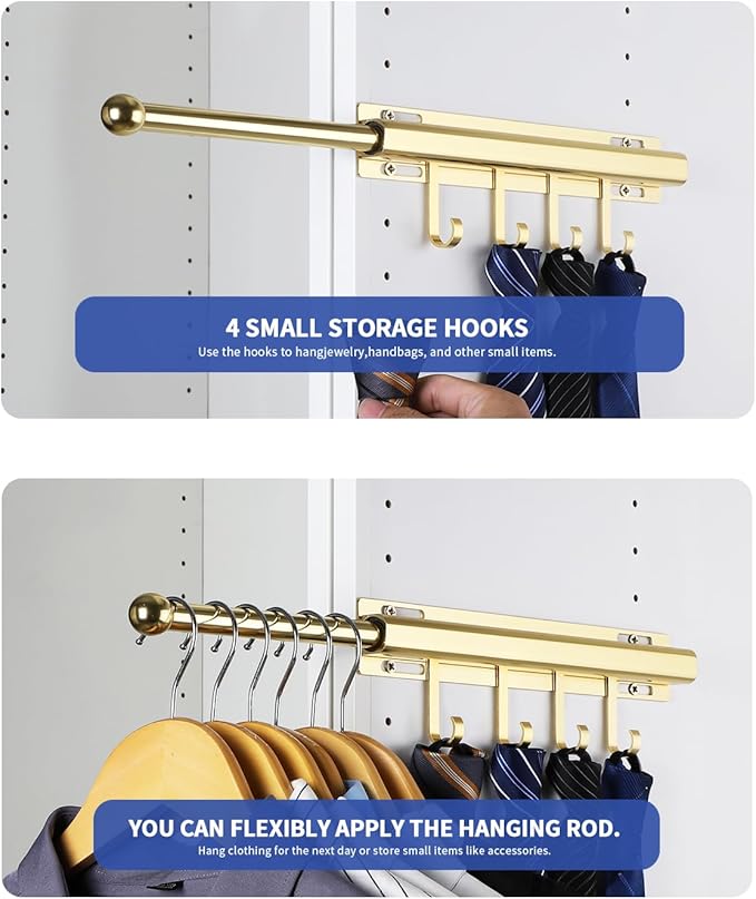 12" Valet Rod for Closet Pull Out With 4 Hooks Valet Rods for Closets (2Pack Gold) Closet Valet Rod Slide Out