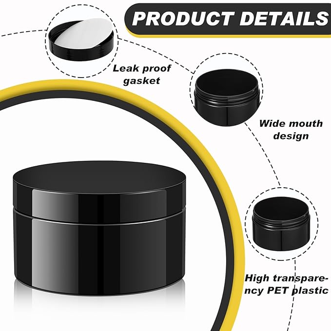 Dandat 24 Pcs 8 oz Plastic Jar Container with Lid and Label Refillable Empty Round Black Pet Cosmetic Sample Slime Containers for Lotion, Cream, Ointments, Body Butter, Makeup, Travel Storage